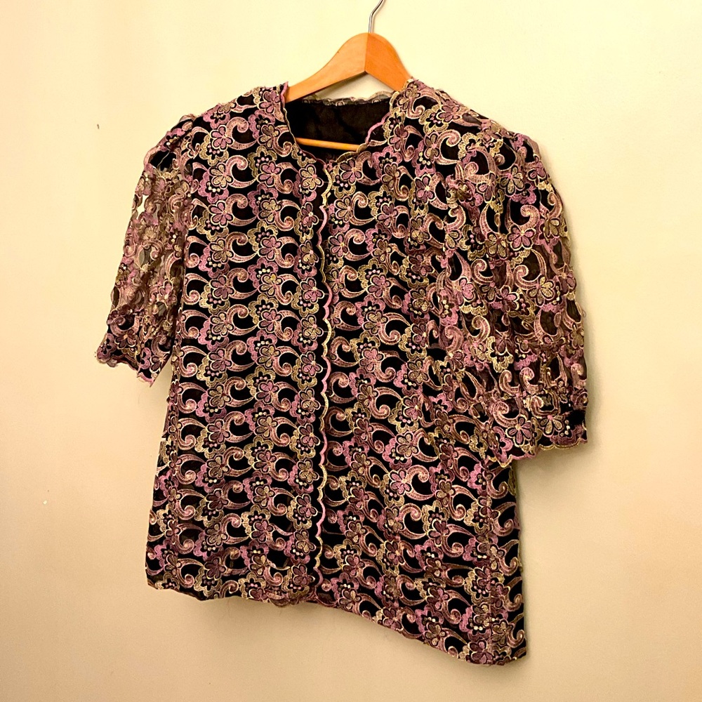 Custom made women jacket with puff sleeves size 16, length 29 inches, like new.